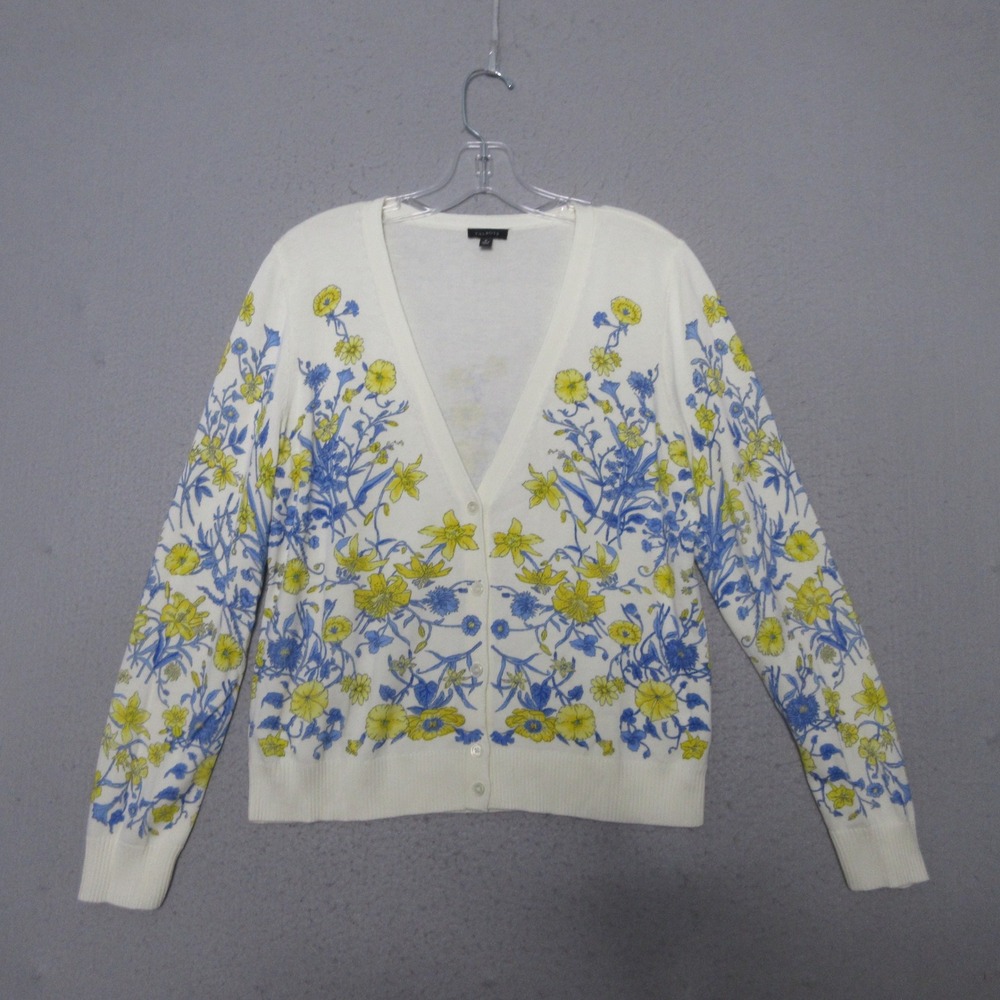 Talbots Cardigan M Blue Yellow Whimsical Floral Garden Botanical Cottage Core
